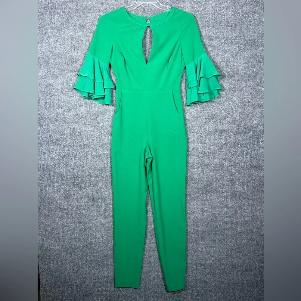 NWT Bebe SZ 0 Kelly Green Nora Jumper Festive Cut Out Tiered Bell Sleeve Pockets